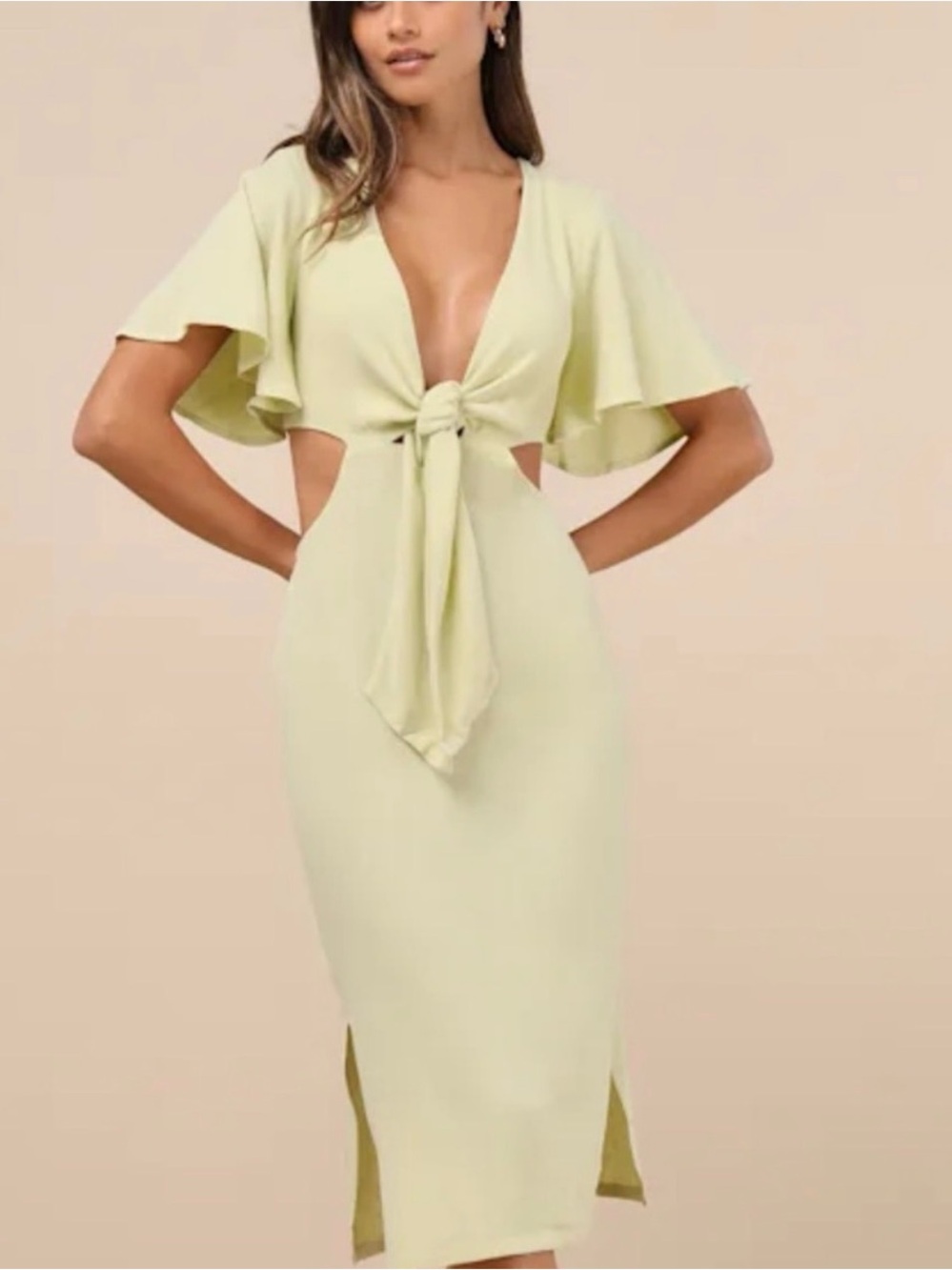 Lulu's Light Green Tie-Front Cutout Midi Dress